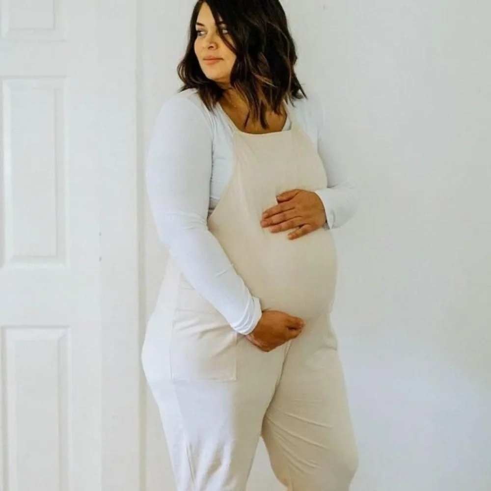 Storq Maternity Anytime Overalls Beige Tan Jersey Knit Womens Size 5 XL